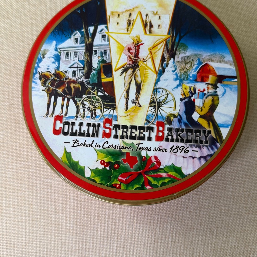 Collin Street Bakery Vintage Fruitcake Tin Corsicana Texas Cowboy Winter Scene
